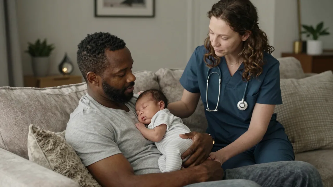 Father rocking a sleeping baby while a doula provides gentle support.