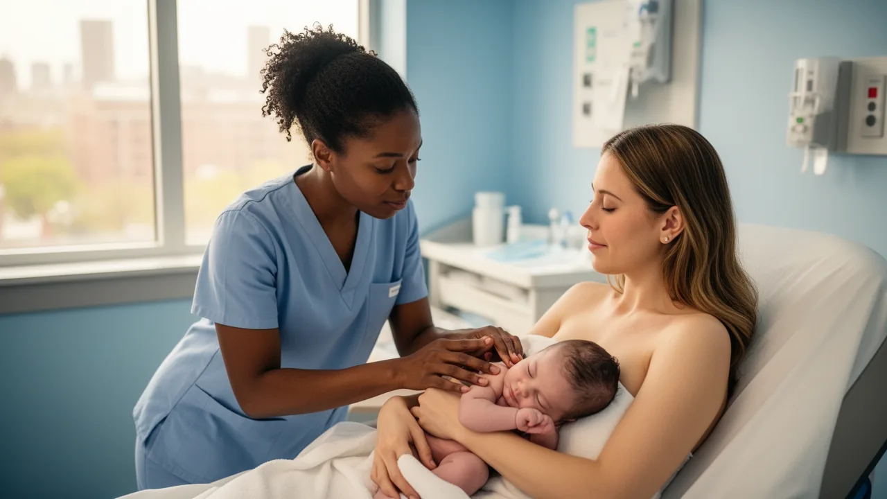 Doula supporting a new mother nursing her newborn in a calm Boston clinic.