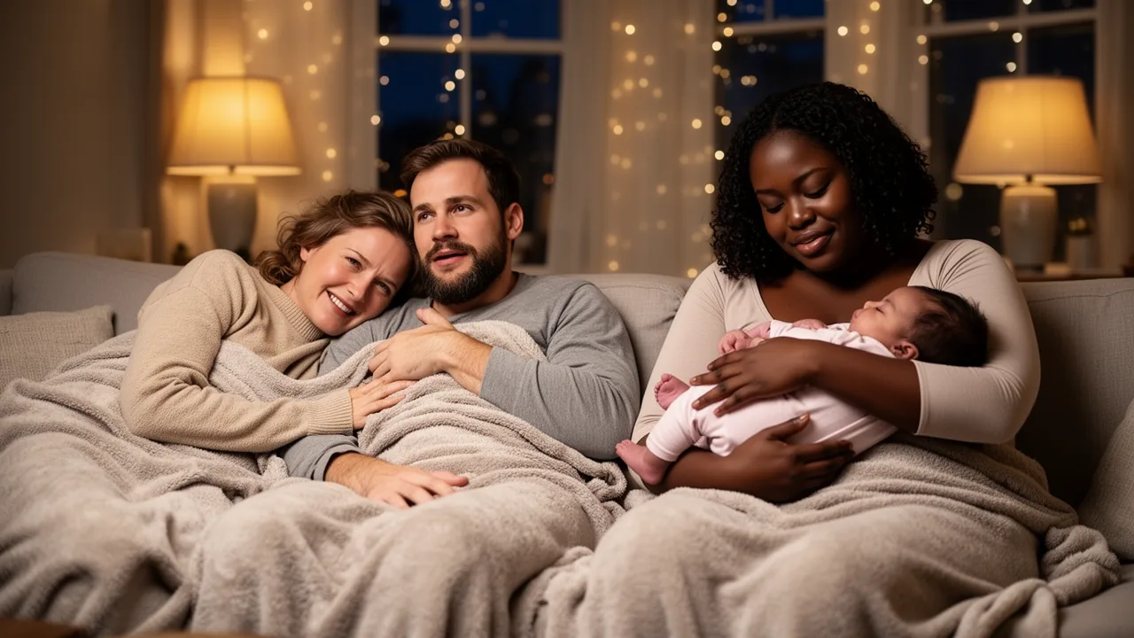 New parents relaxing as a doula rocks their sleeping newborn in a cozy Boston living room.