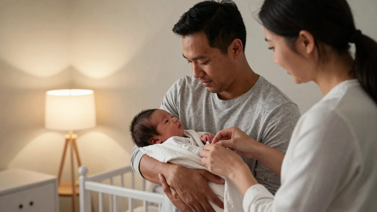 East Asian father holding newborn, white doula adjusting blanket