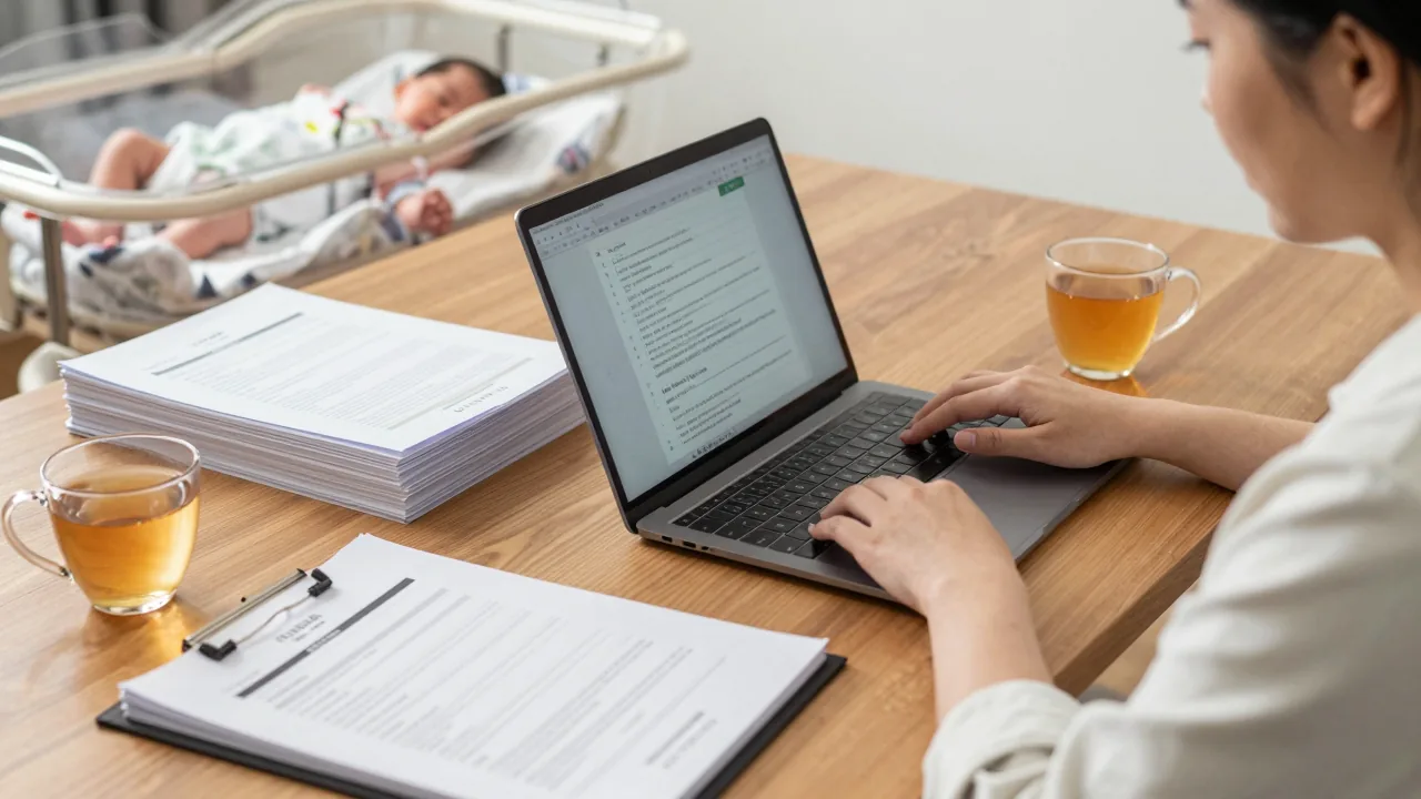 Digital tools for efficient paperwork setup with a calm clinic background.