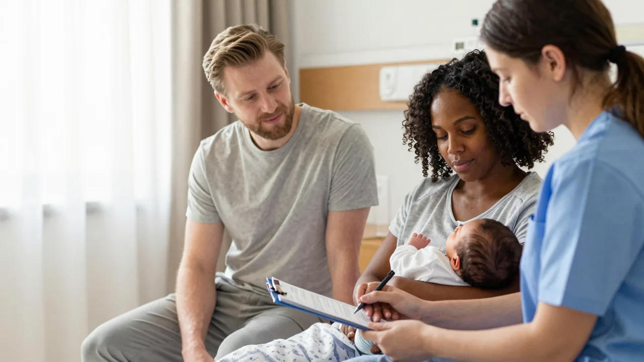 Doula assisting new parents with paperwork in a serene hospital environment.