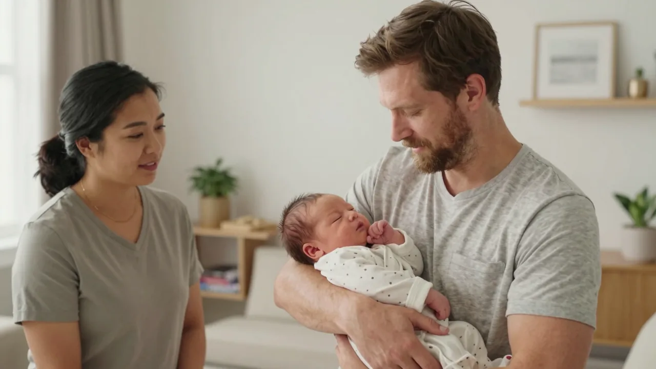 Doula helping new father with baby in a peaceful clinic environment