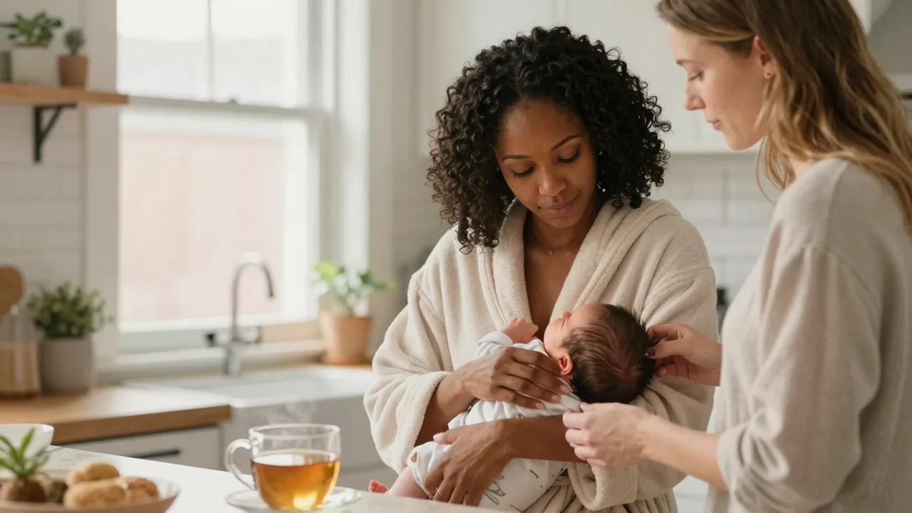 New mother breastfeeding baby with supportive doula preparing tea