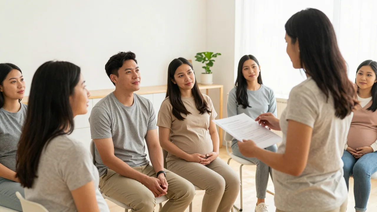 Childbirth educator teaching a diverse group of expectant parents in a calm clinic setting.