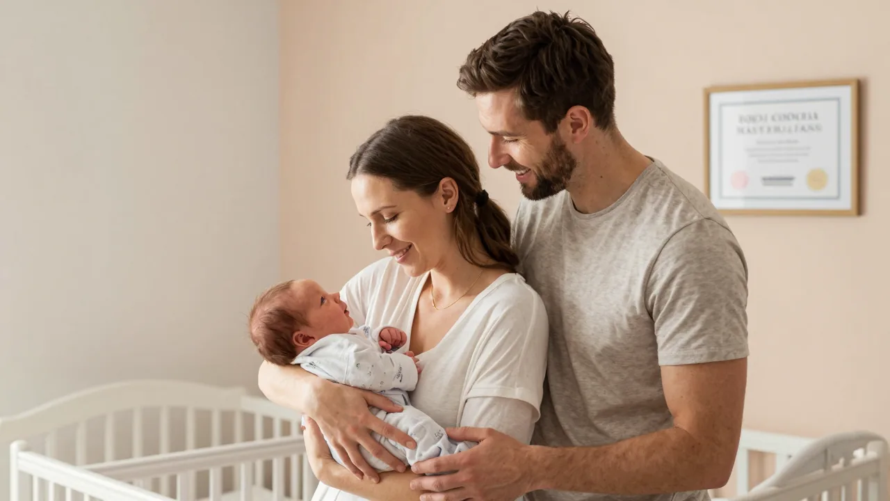 New parents bonding with their baby in a cozy nursery, reflecting their childbirth class preparation.