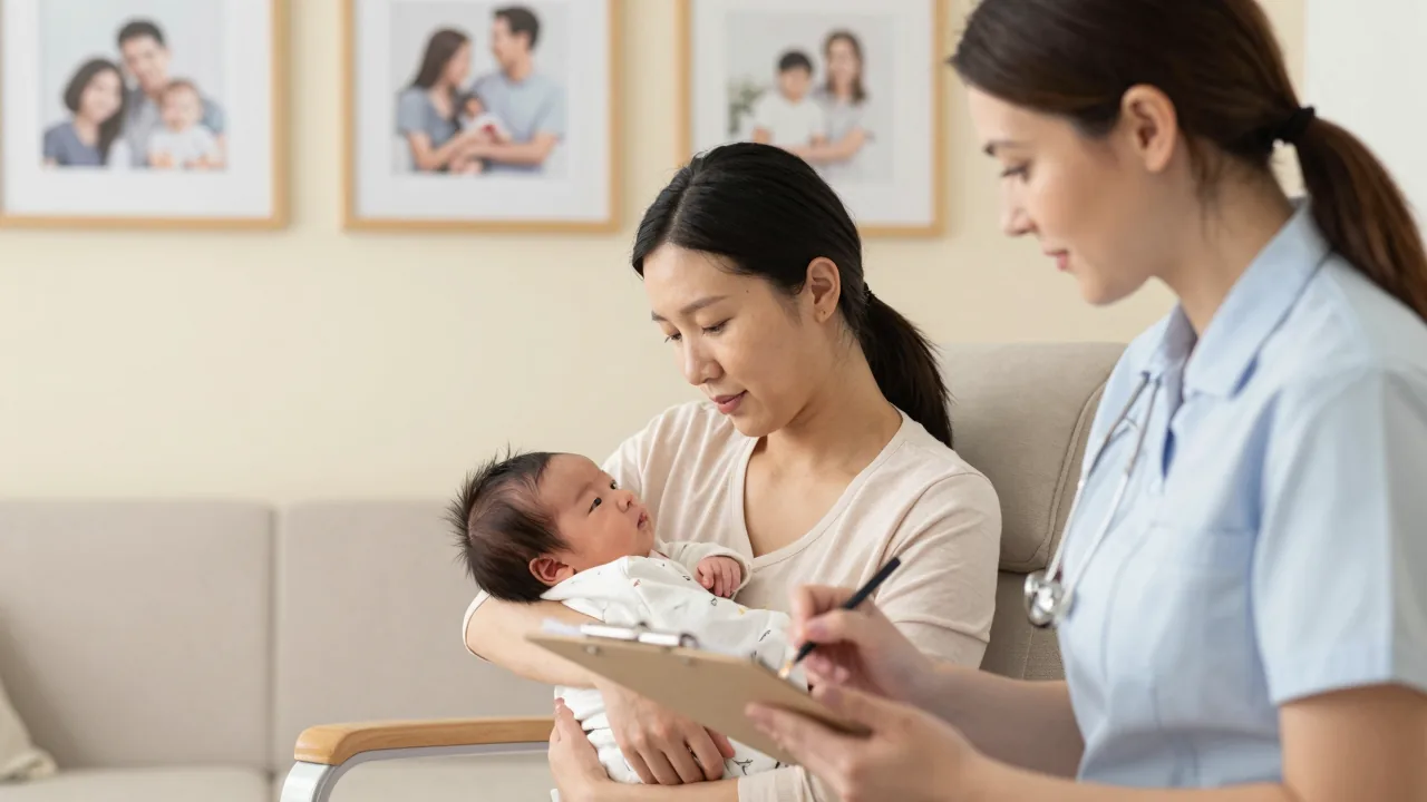 East Asian mother holding her newborn in a calm clinic with a supportive European/white doula.