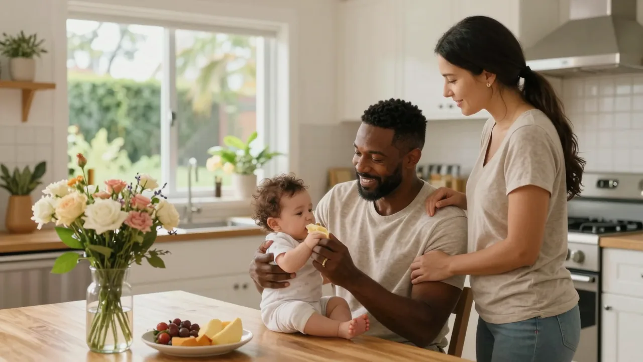 African American father feeding his baby in a bright kitchen with a supportive Latina/Hispanic doula.