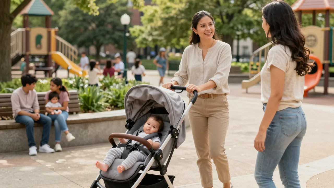 Mother with newborn strolling in a baby-friendly park