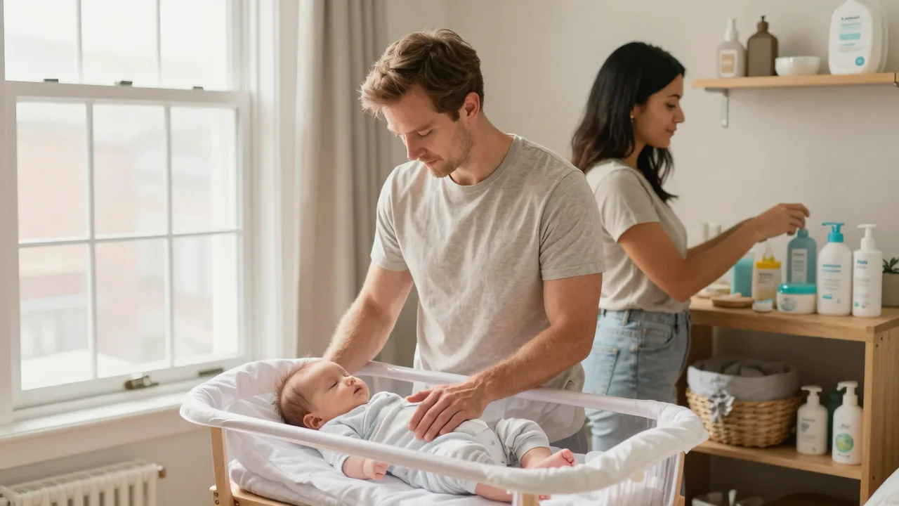 New parents caring for their newborn in a cozy home nursery