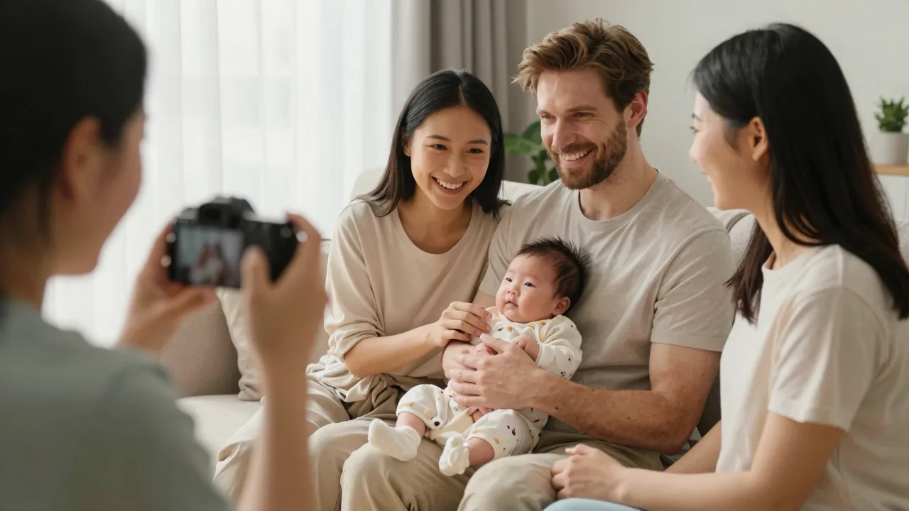Parents recording video testimonial with newborn in sunny living room