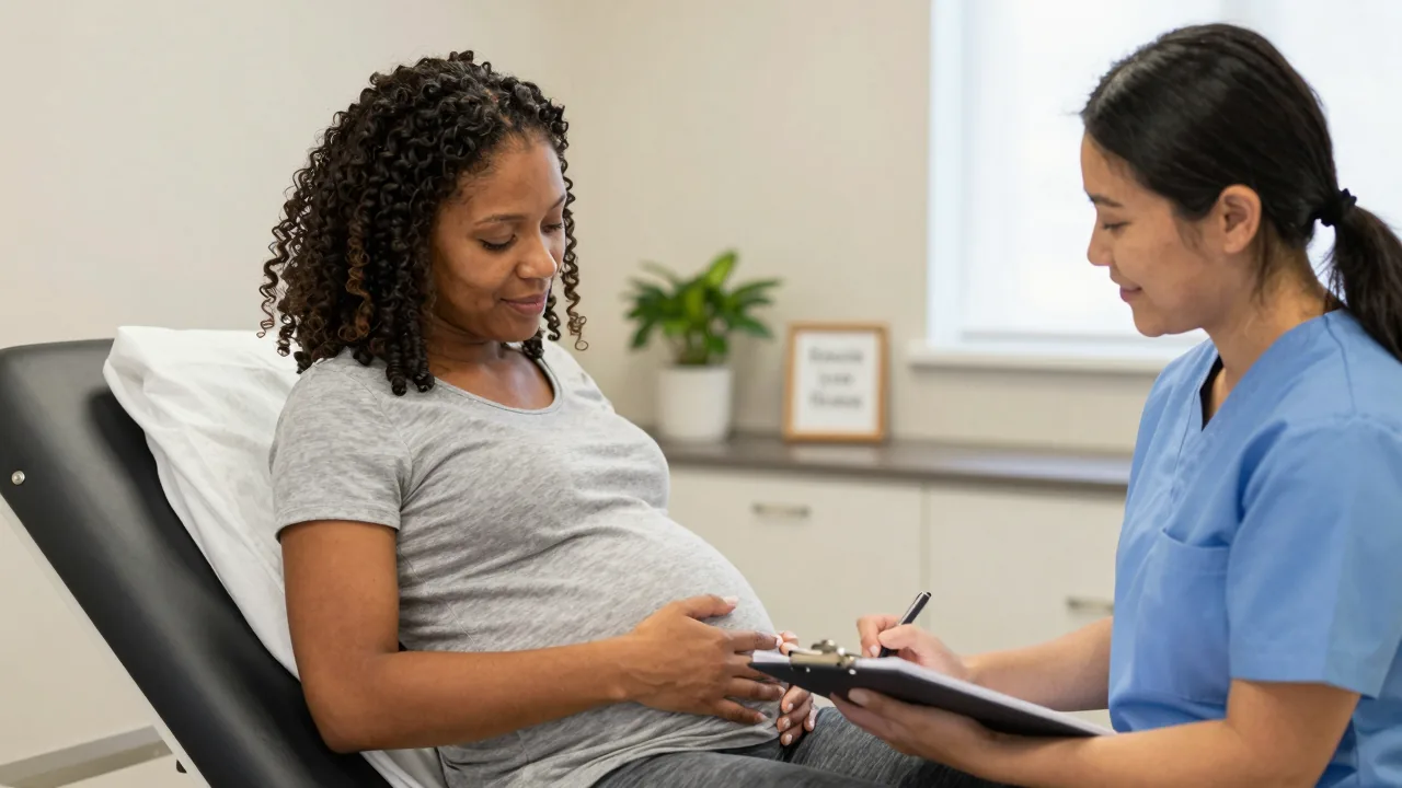 Doula assisting expectant mother in calm clinic environment