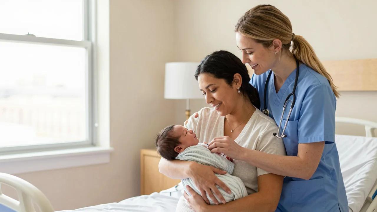 New mother holding her baby in a serene postpartum recovery setting