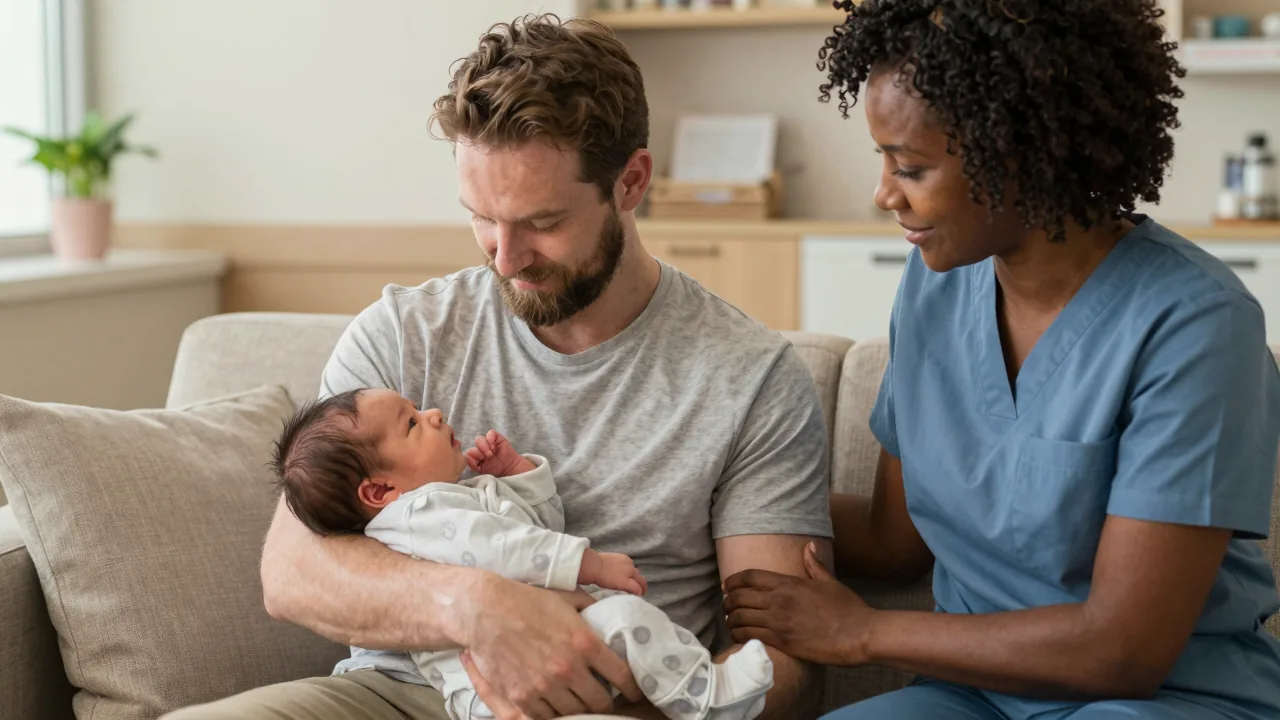 New parents with their baby receiving support from a doula in a cozy hospital setting