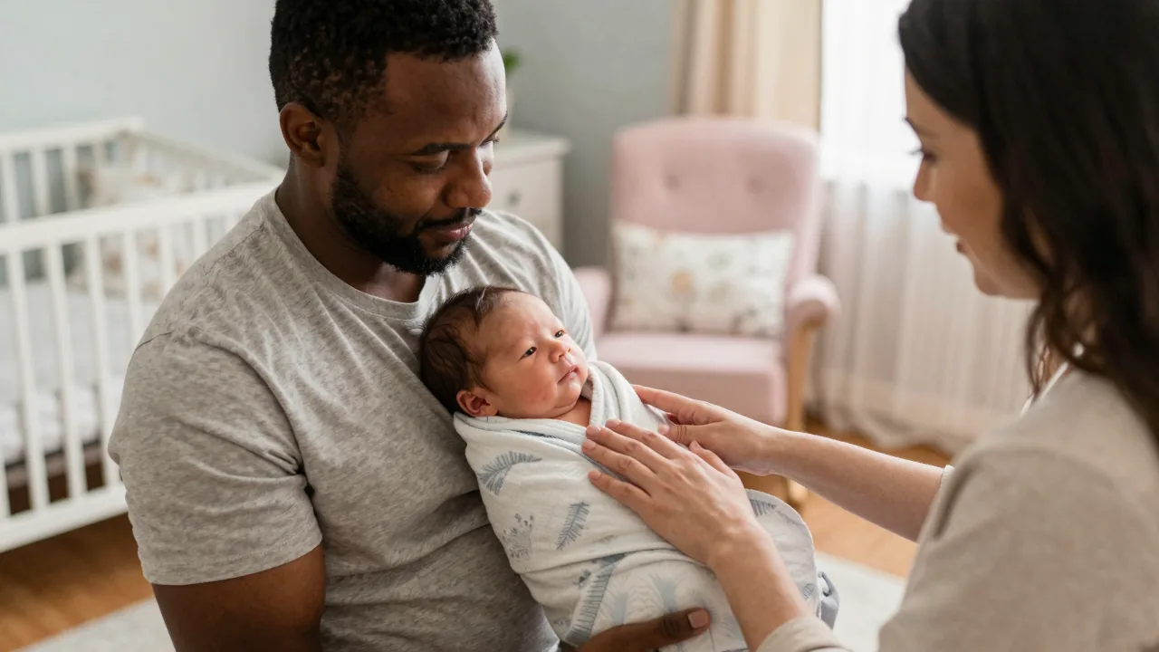 Father holding newborn with doula providing support in a nursery
